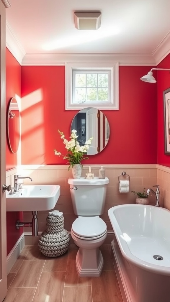 A bathroom painted in coral red with white fixtures, natural light, and decorative plants.