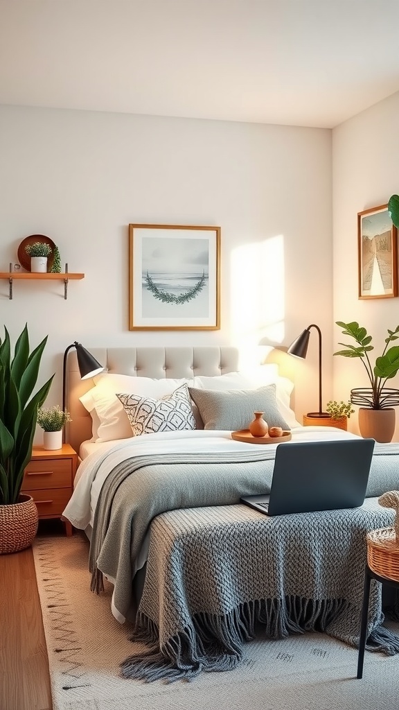 A cozy guest bedroom and home office combo featuring a neatly made bed, soft blankets, a laptop, stylish lamps, and greenery.