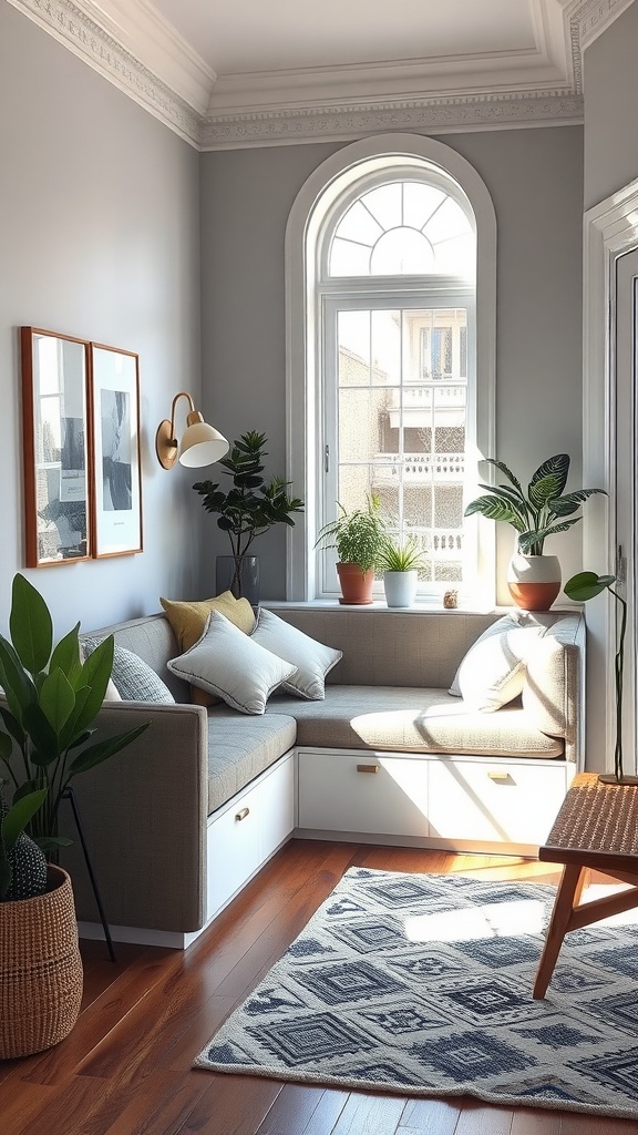 Cozy living room corner featuring a daybed with built-in desk, surrounded by plants and natural light.