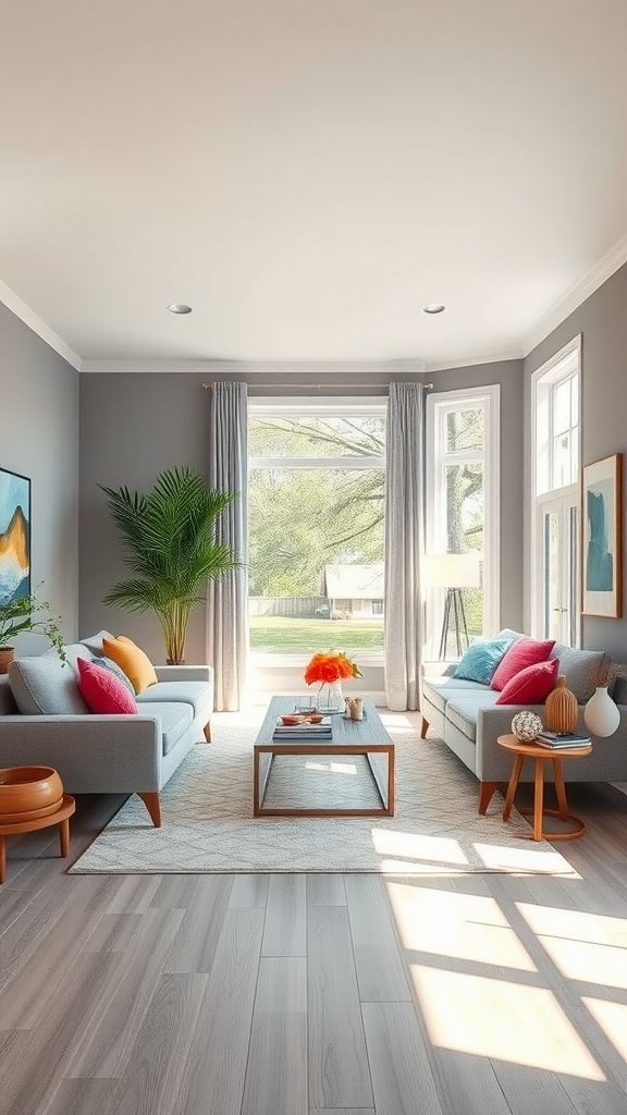 Living room featuring Sherwin Williams Dovetail gray paint on the walls, showcasing light gray sofas, colorful cushions, and a bright atmosphere.