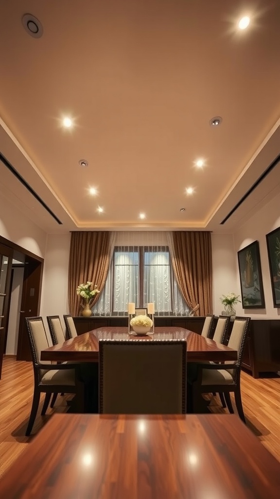 A dining room with evenly spaced recessed lighting fixtures on the ceiling, highlighting a large wooden dining table.