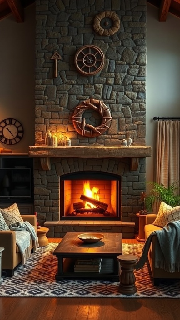 Cozy living room with a stone fireplace, comfortable seating, and warm lighting.