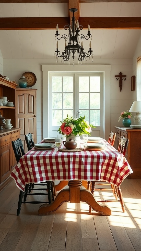 A cozy dining room with a red and white gingham tablecloth, wooden furniture, and fresh flowers, embodying Cottage Core style.