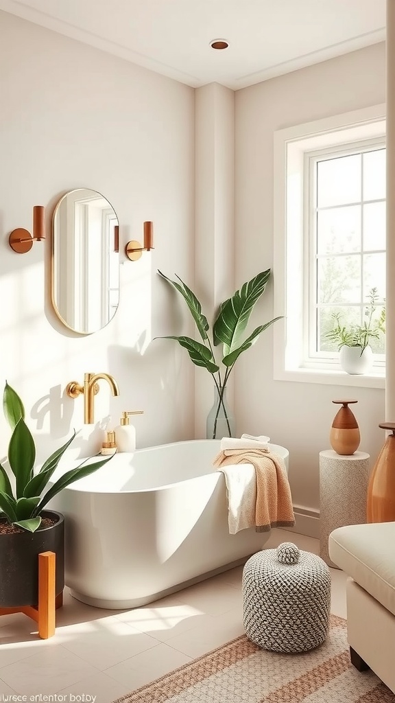 A modern bathroom with a freestanding tub, warm gold fixtures, and plants, showcasing transitional decor.