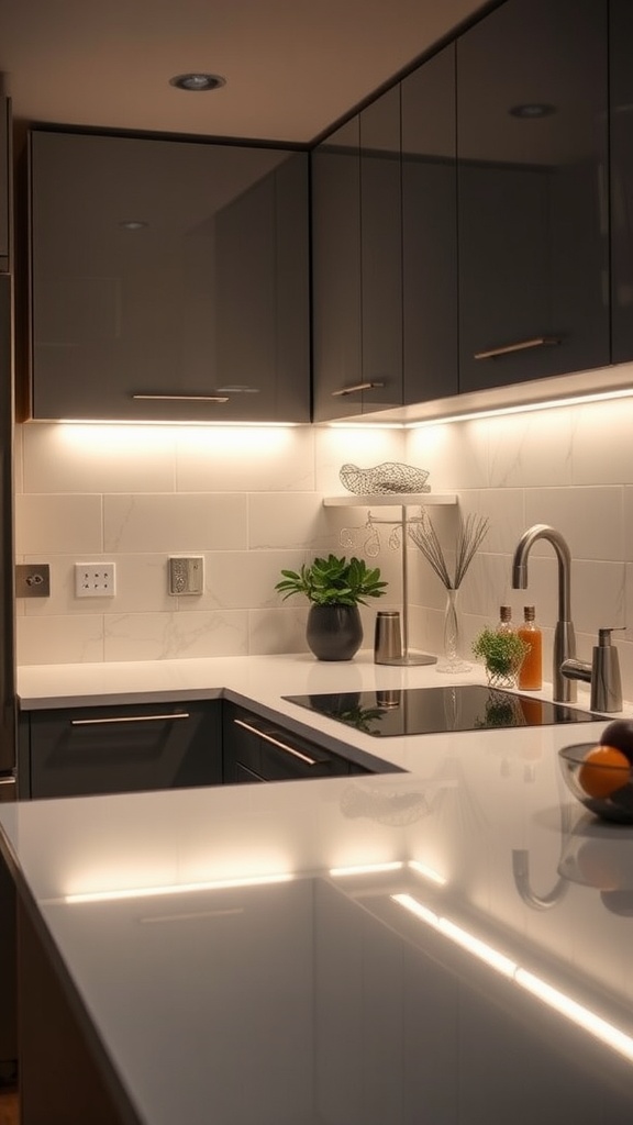 A modern kitchen featuring under-cabinet lighting illuminating the countertop and cabinets