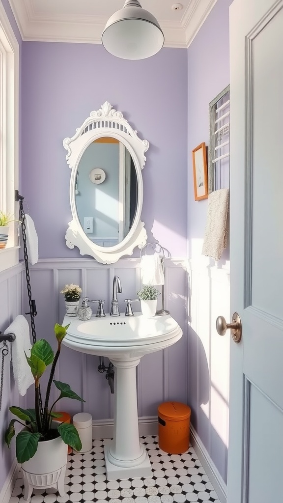 A small bathroom featuring lavender walls, a white sink, and a decorative mirror.