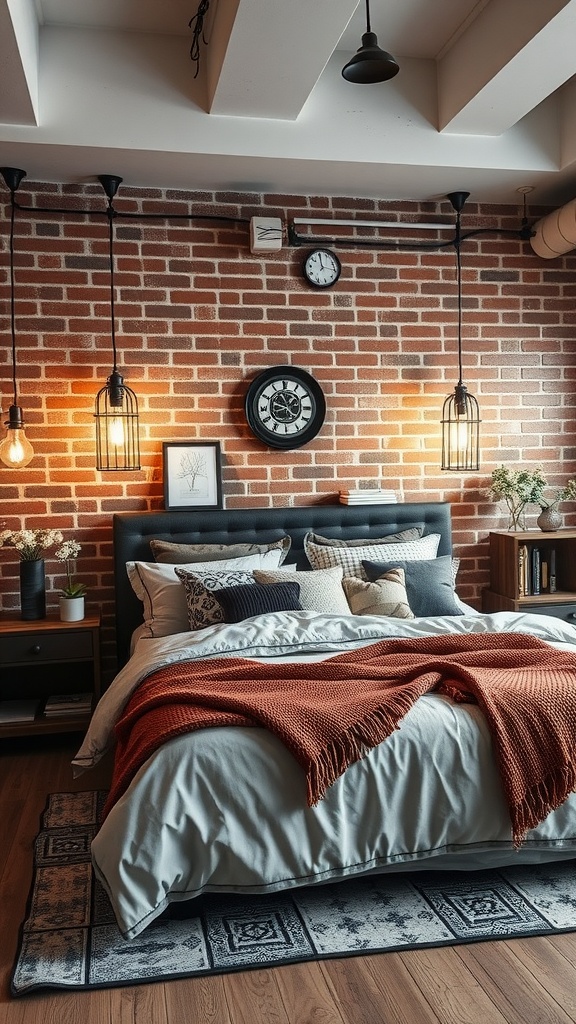 A modern industrial bedroom featuring a brick wall, layered bedding, warm lighting, and various textures.