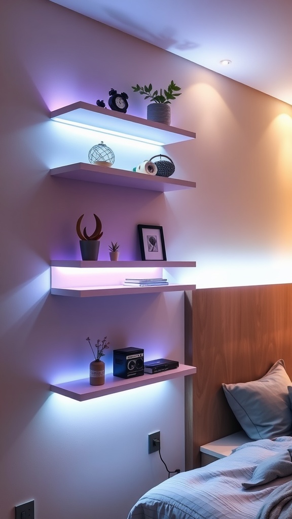 Stylish led-lit floating shelves in a bedroom with decorative items