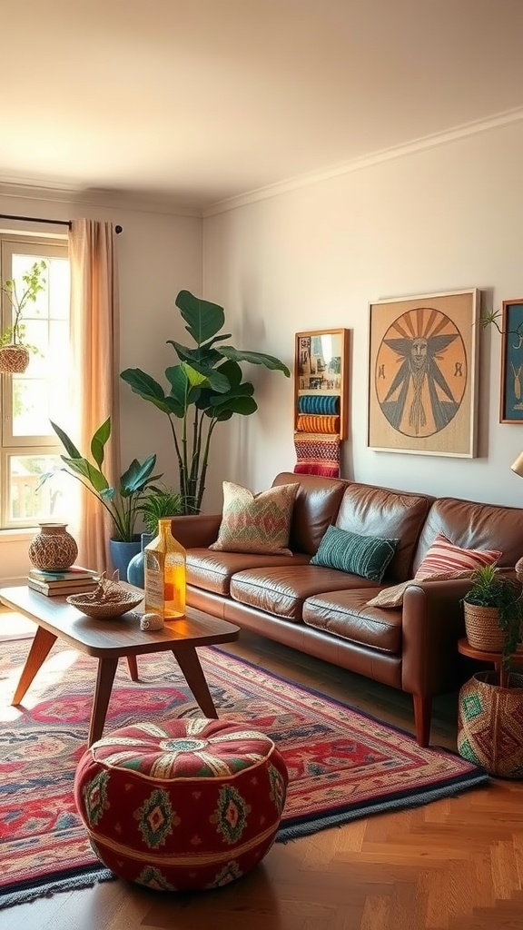 A cozy living room featuring a mid-century modern leather sectional with colorful cushions, a patterned rug, and indoor plants.