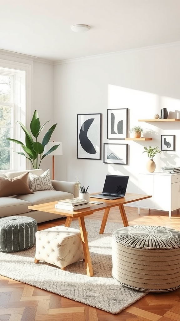 A bright living room-dining room combo with a cozy seating area, coffee table, poufs, and a tall plant.