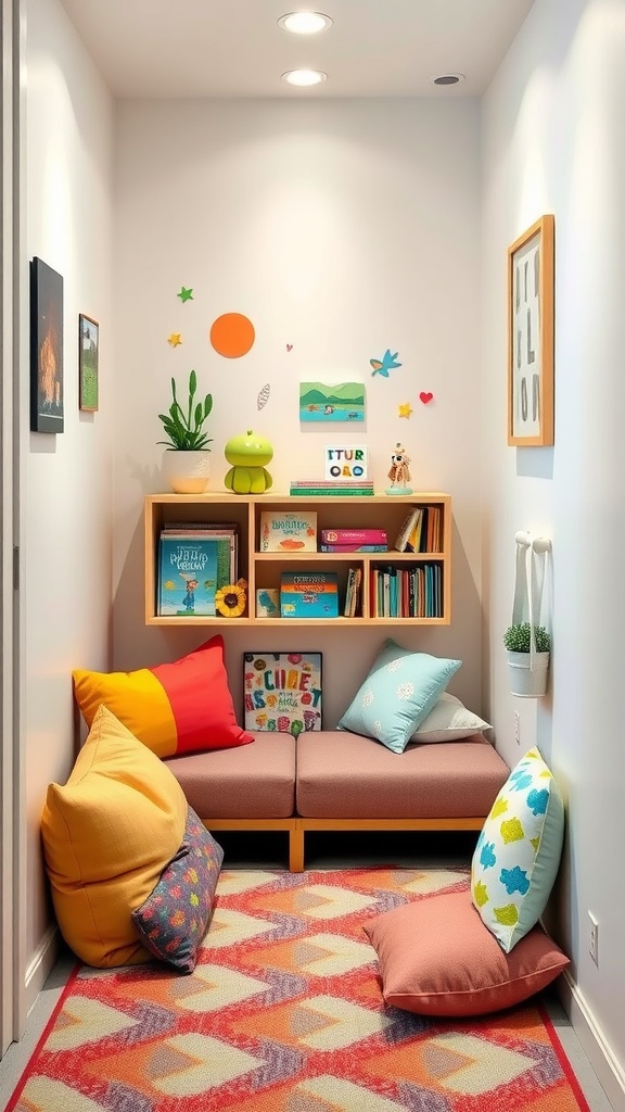 A narrow space reading nook with colorful cushions and a bookshelf filled with children's books.