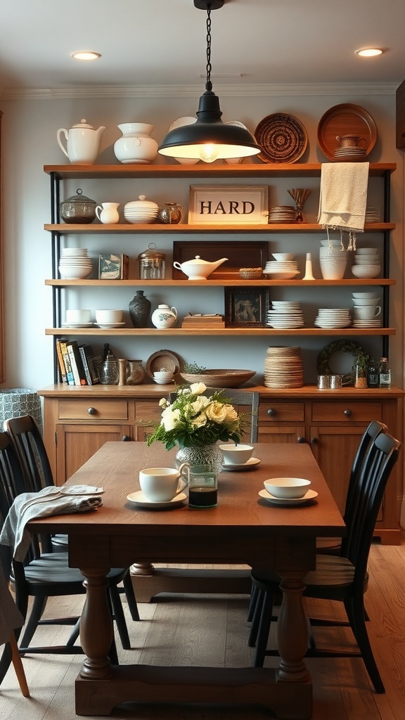 Stylish open farmhouse shelving displaying dishware and decorative items in a dining room