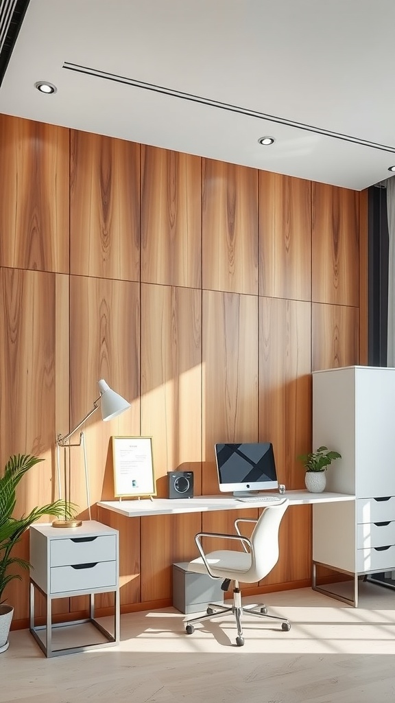 Modern office with wood paneling and white furniture