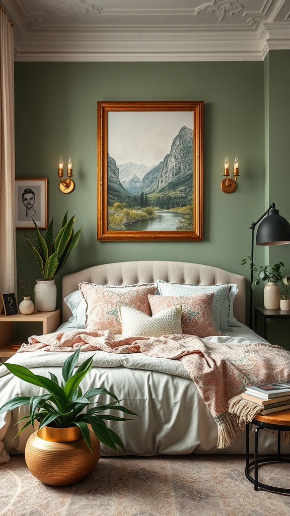 A stylish bedroom featuring sage green walls, elegant gold accents, cozy bedding, and decorative plants.