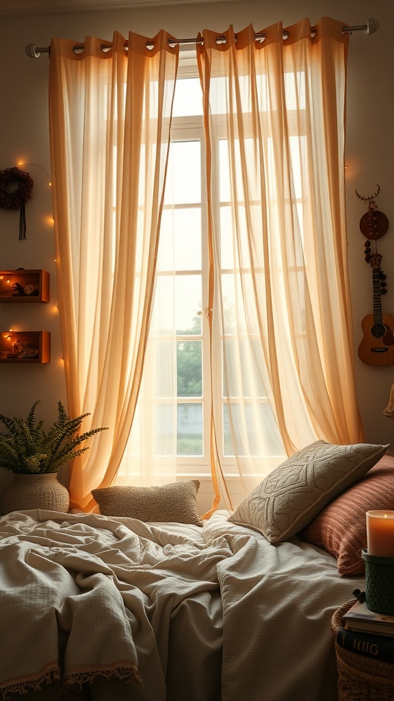 A cozy bedroom with shimmering curtains, soft blankets, and a potted plant, creating a warm and inviting atmosphere.