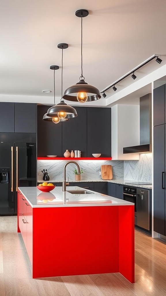 Modern kitchen with statement bar lights above a red kitchen island