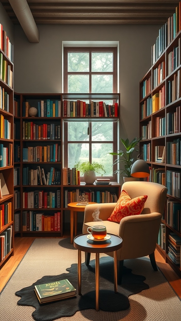 A cozy lounge library with bookshelves, a comfortable chair, and a small table with a cup of tea.