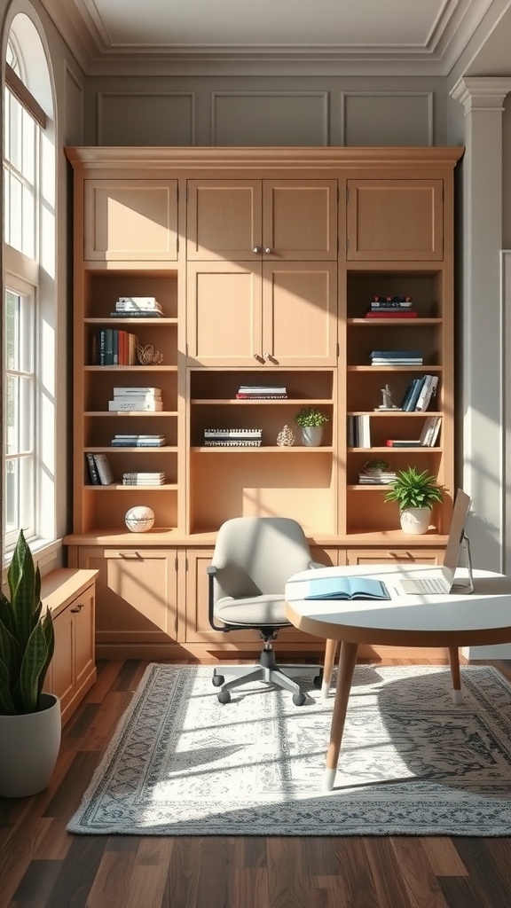 A stylish office with built-in shelves, a round desk, and ample natural light.