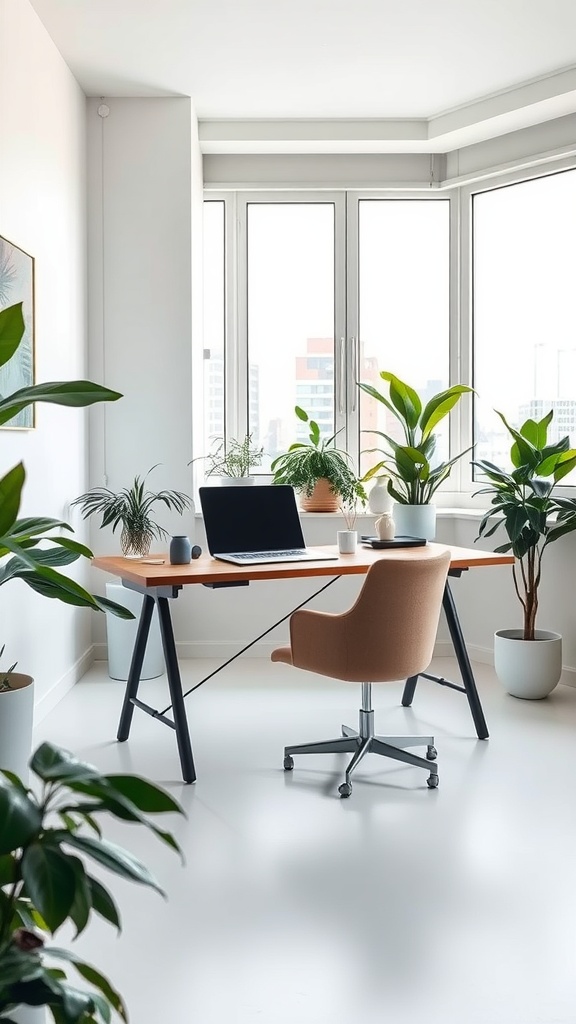 A minimalist study with large windows, a wooden desk, and green plants in pots.
