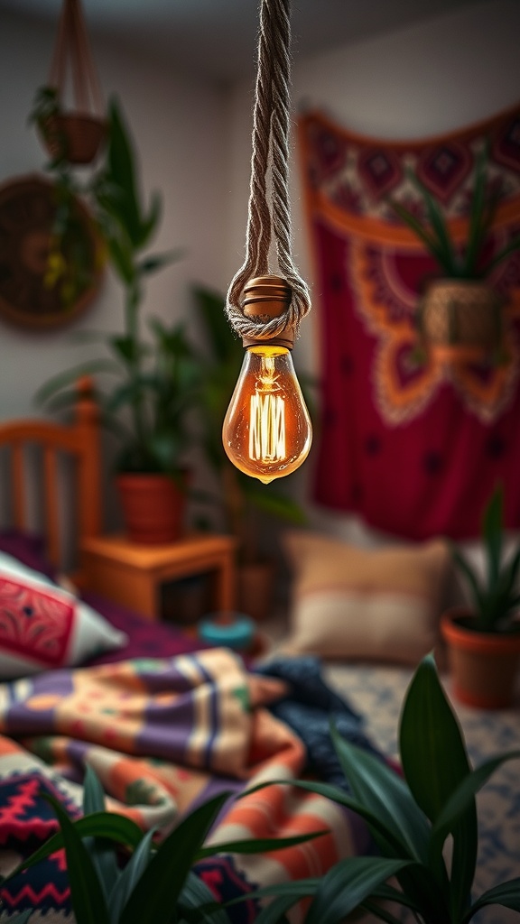 A vintage Edison bulb hanging from a rope in a Boho-inspired bedroom setting.