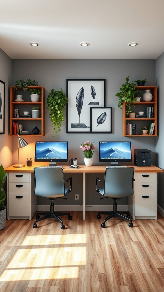 Two workstations with computers in a well-decorated home office setup.