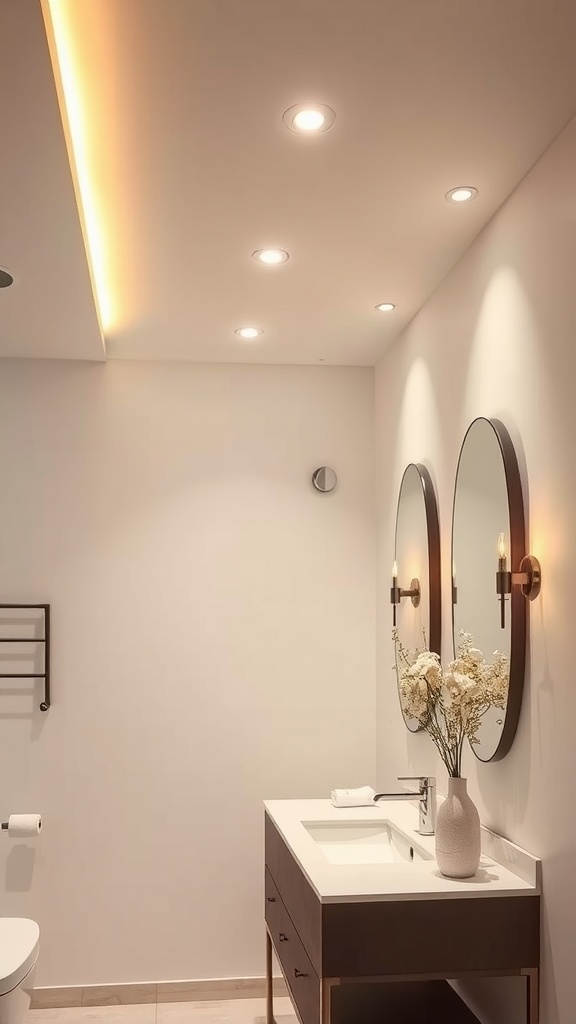 Stylish bathroom with adjustable recessed lighting and mirrors