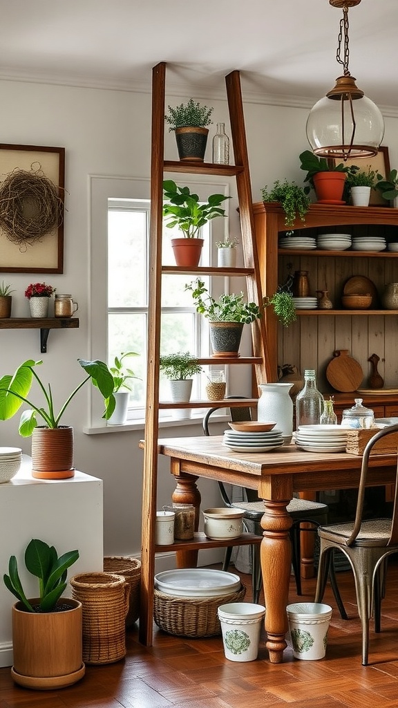 A rustic dining room featuring a wooden ladder display with potted plants, a wooden table, and decorative dishware.