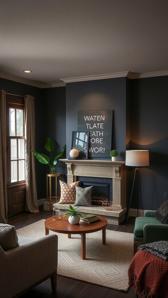 Living room featuring Benjamin Moore Pale Oak with dark walls and cozy decor.