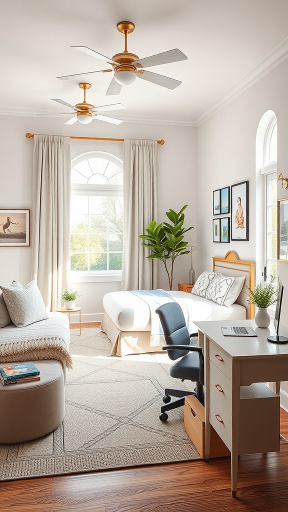 A well-designed guest bedroom and home office combo featuring a cozy seating area, desk, and ample natural light.