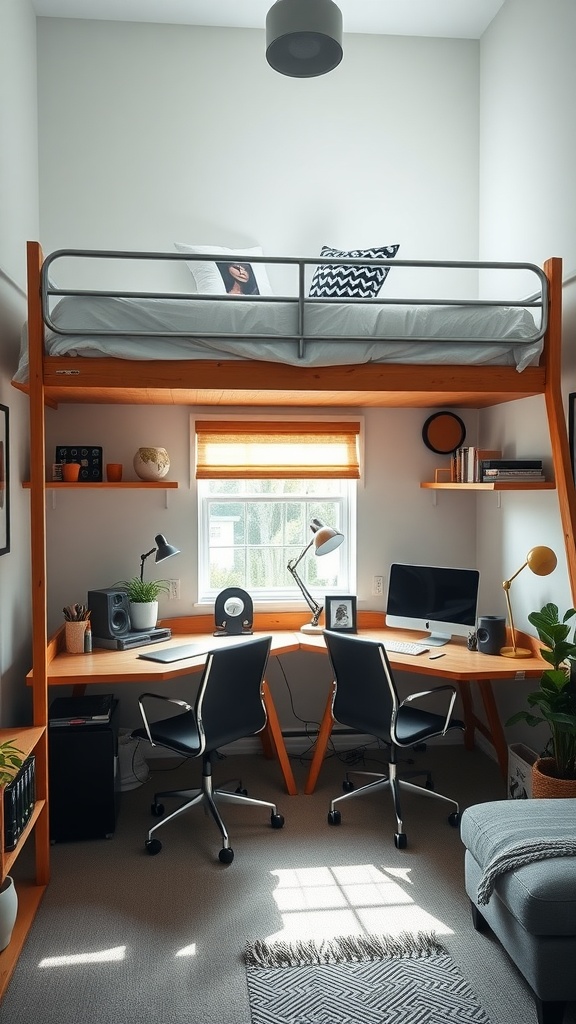 A home office with two desks under a loft bed, featuring ergonomic chairs, natural light from a window, and organizational shelves.