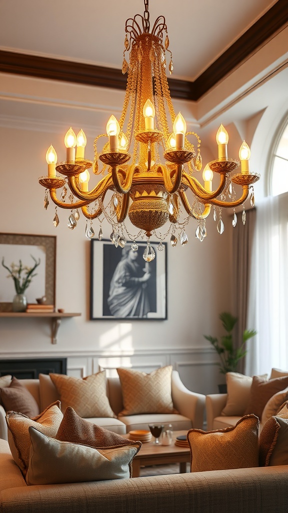 A luxurious chandelier illuminating a cozy living room with plush seating and decorative elements.