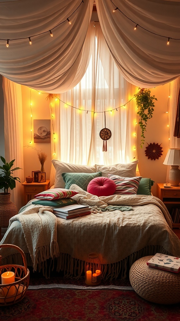 A cozy boho bedroom with fairy lights, colorful pillows, and a warm atmosphere.