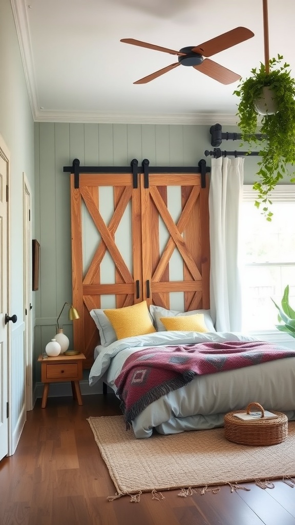 A cozy farmhouse bedroom featuring sage green walls, wooden barn doors, soft bedding, and a touch of greenery.