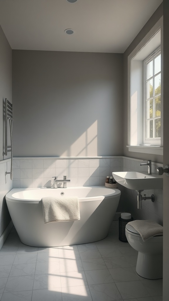 A modern bathroom with gray walls, featuring a bathtub, sink, and natural light coming through a window.