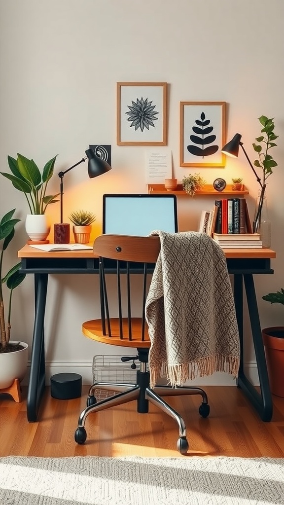 Cozy desk setup with wooden desk, a computer, plants, books, and decorative lamps.