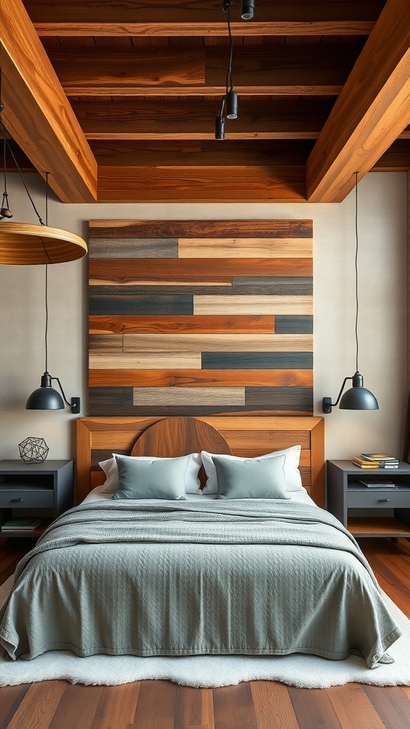 Modern industrial bedroom with vintage reclaimed wood accents