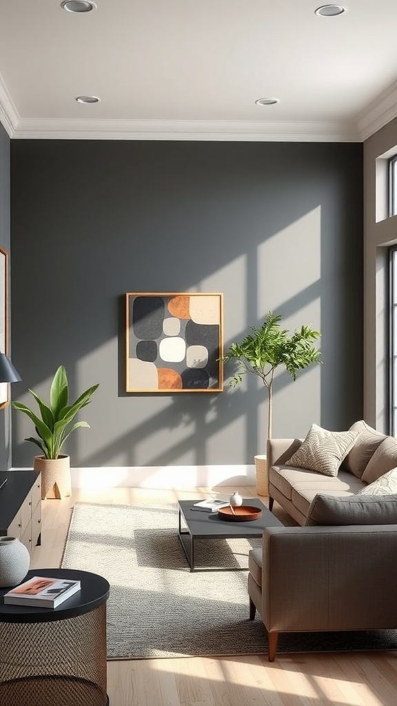 A cozy living room featuring Iron Ore paint on the walls, with a modern couch, artwork, and plants.