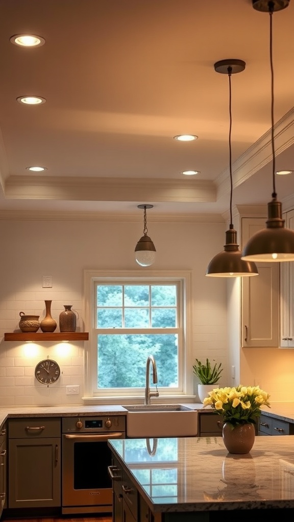 A kitchen with layered lighting featuring recessed lights, pendant lights, and accent lighting on shelves.
