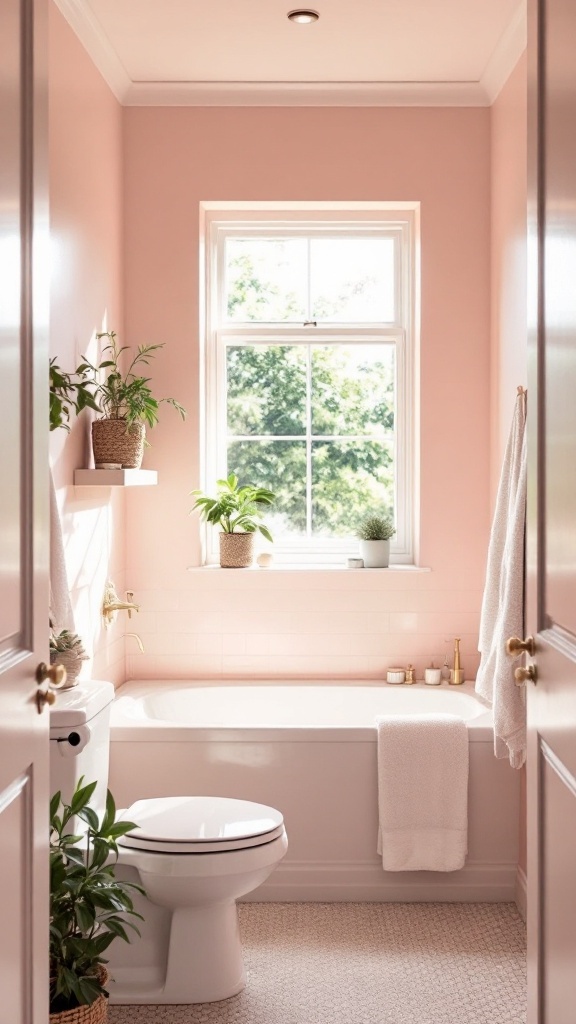 A small bathroom with light pink walls, featuring a white toilet, sink, and decorative plants in baskets.