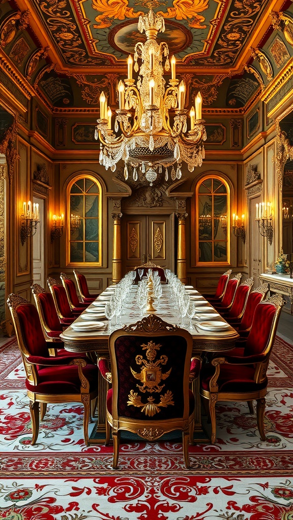 Luxurious Baroque dining room with a long table, plush red chairs, ornate chandelier, and detailed ceiling