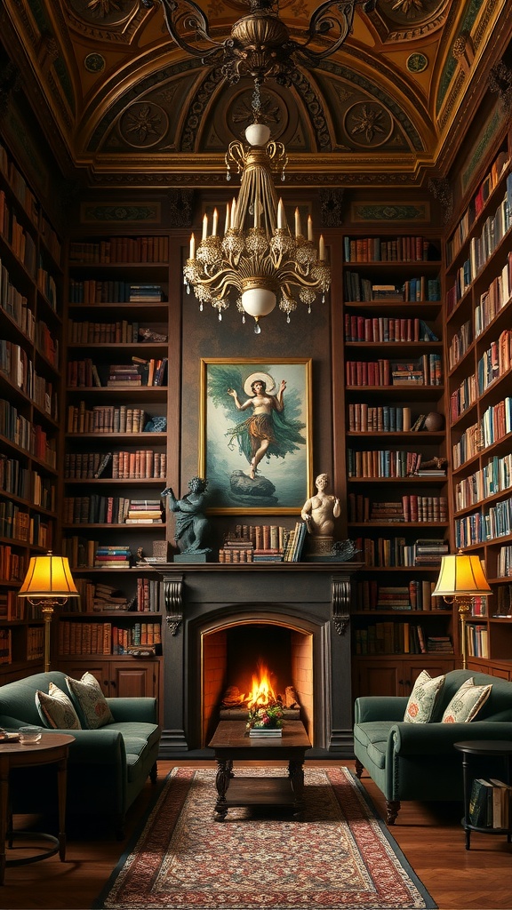 A cozy old-world home library featuring a chandelier, fireplace, and bookshelves.