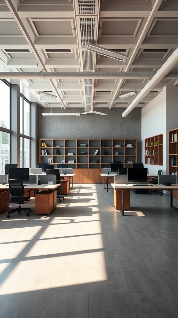 Modern office space with open concept layout, featuring wooden shelves and organized workstations