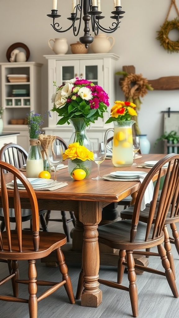 A cozy dining room table with wooden chairs, featuring pitchers of lemonade and colorful flowers in a cottagecore style.