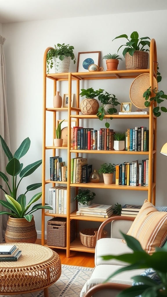 A cozy living room featuring a rattan bookshelf filled with books and decorative plants.