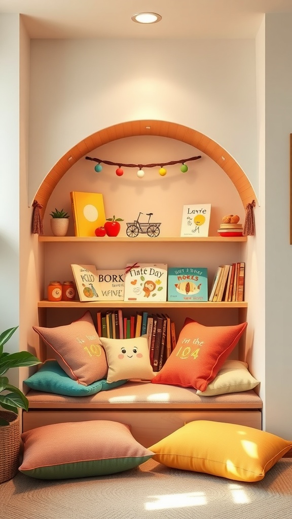 A cozy reading nook for young children with colorful pillows and a bookshelf filled with children's books.