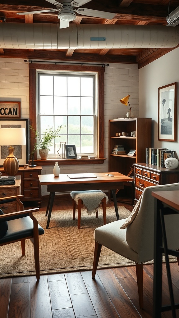 A cozy rustic office featuring wooden floors, a desk, and a large window.