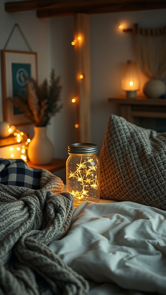 Cozy bedroom featuring a mason jar with fairy lights, rustic decor, and soft bedding.