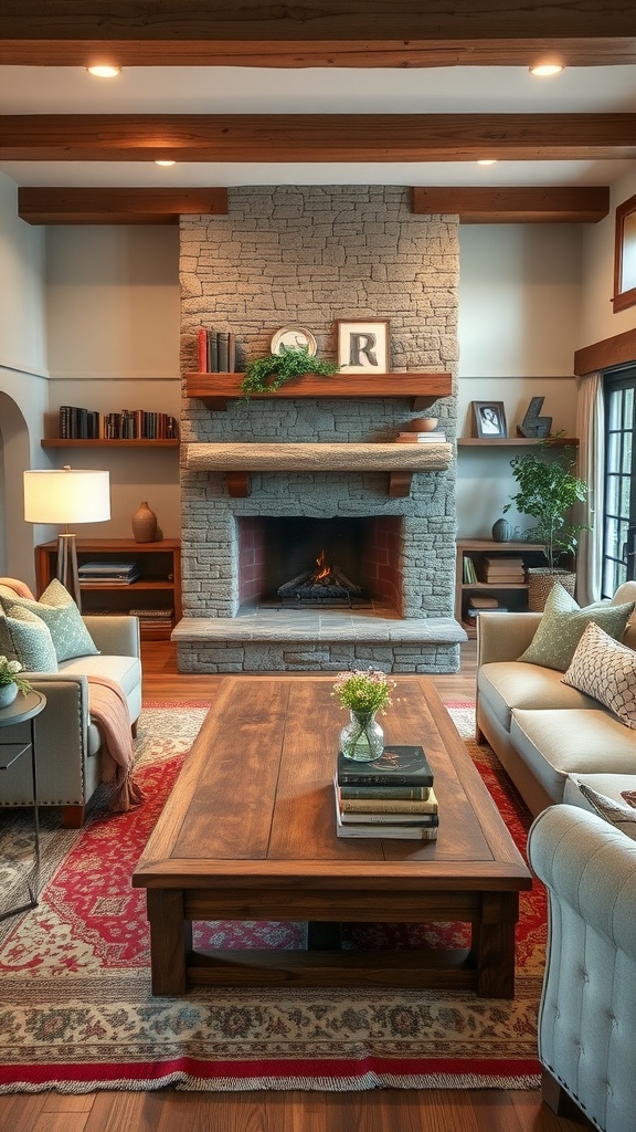 A cozy rustic farmhouse living room featuring a stone fireplace, wooden beams, plush sofas, and a wooden coffee table.