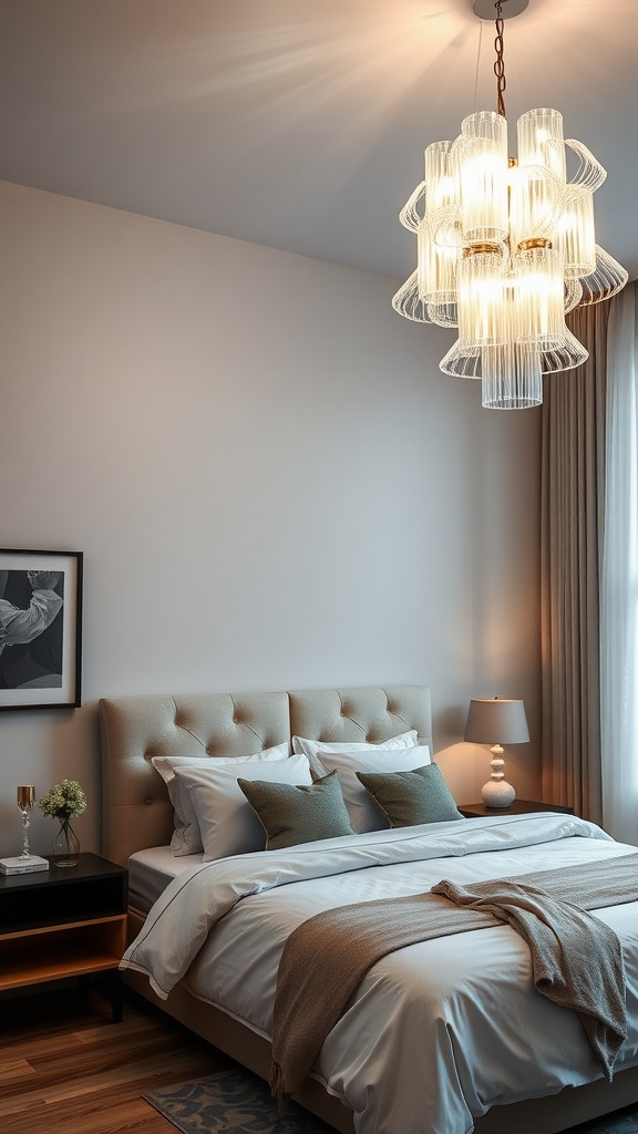 A stylish bedroom featuring a sculptural LED chandelier above a neatly made bed with decorative pillows.