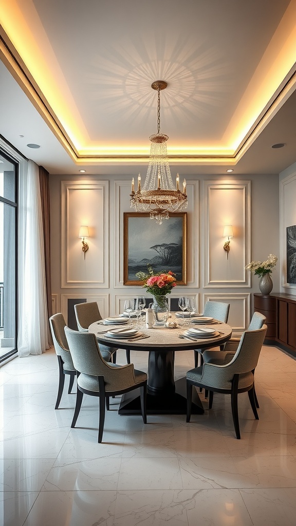 Dining room with spotlight border lighting and chandelier